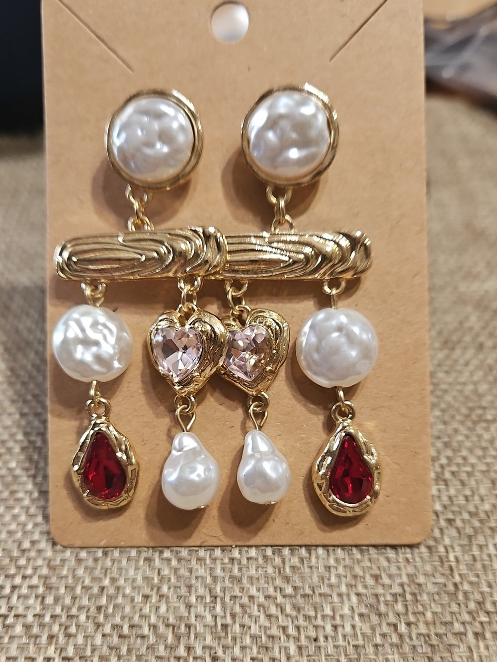 Gold-Tone Pearl Drop Earrings with Red Crystal Teardrops